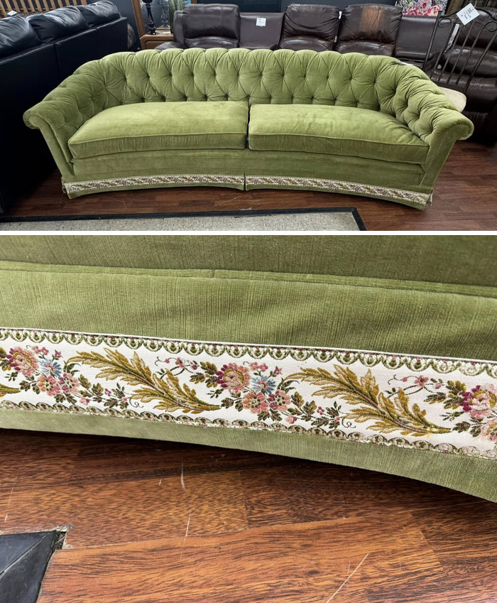 Green vintage couch with floral embroidery detail, highlighting second-hand discoveries.