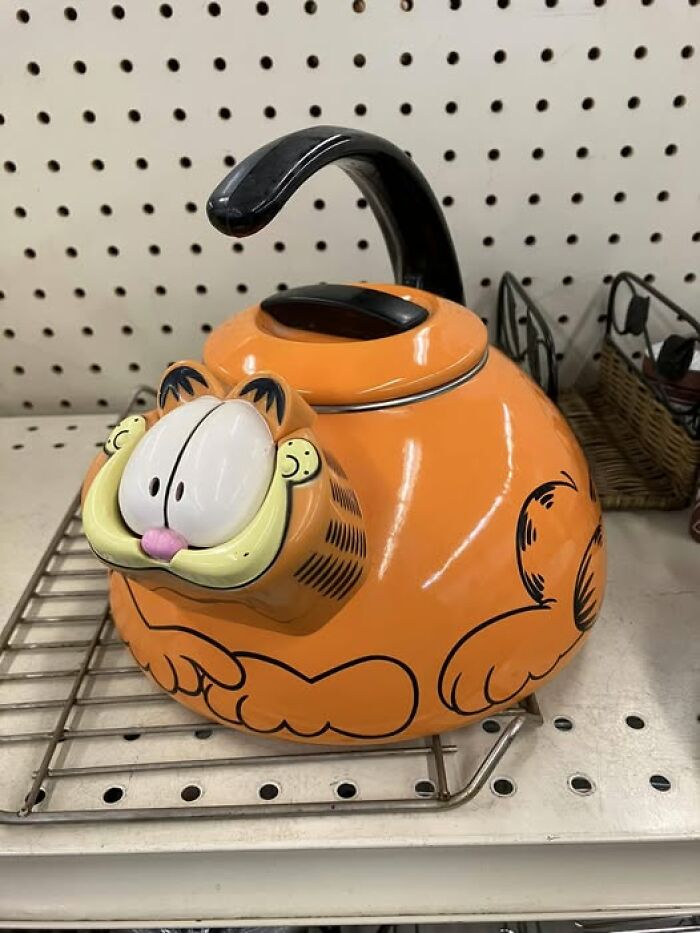 Second-hand discovery: An orange teapot shaped like a cartoon cat, found on a thrift store shelf.