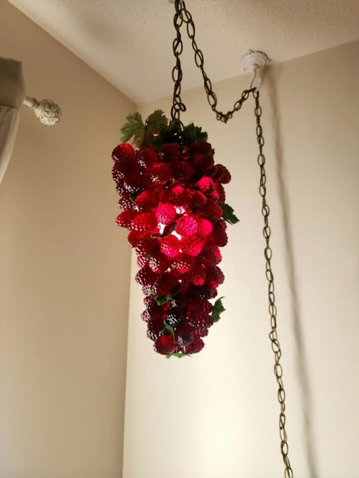 Unique second-hand find: a chandelier resembling a cluster of red grapes with leaves, suspended by a chain.