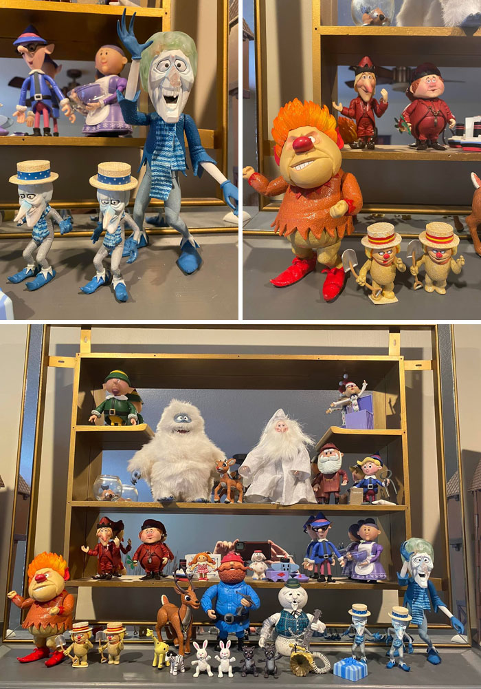 Strange second-hand toy collection displayed on shelves, featuring whimsical characters in various sizes and colors.