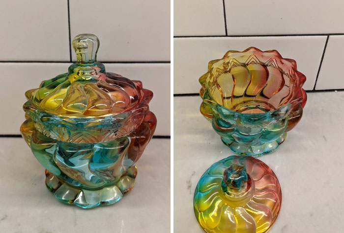 Colorful iridescent glass candy dish with lid, showcasing a spectacular second-hand discovery.