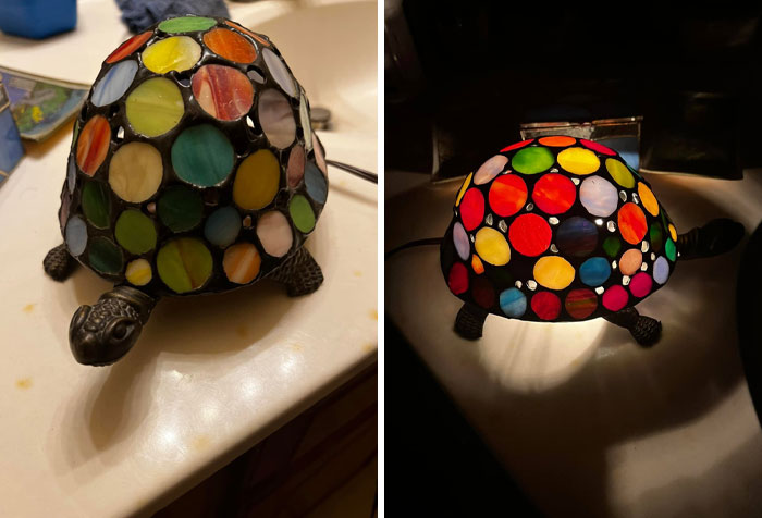 Stained glass turtle lamp, unlit and lit, showcasing its colorful, spectacular design found second-hand.