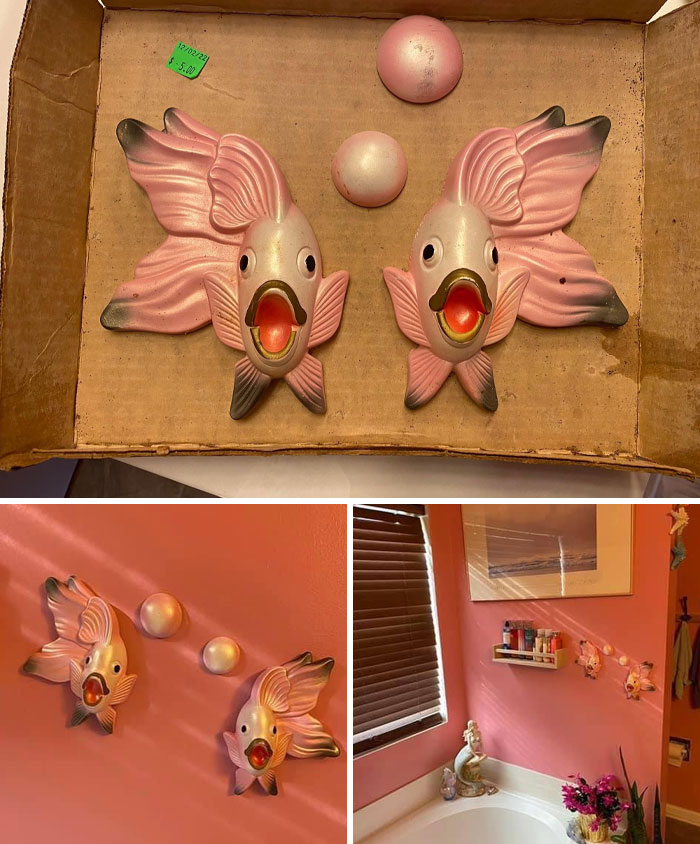 Strange and spectacular second-hand pink fish wall decor displayed in a bathroom setting.