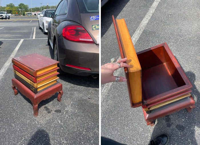 Second-hand discovery: a stool designed to resemble stacked vintage books, with a hidden storage compartment inside.