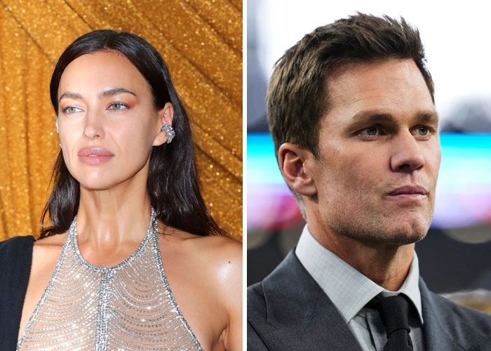 Side-by-side photos of Tom Brady, wearing a suit and looking serious, and a woman with dark hair and glamorous makeup, posing elegantly.