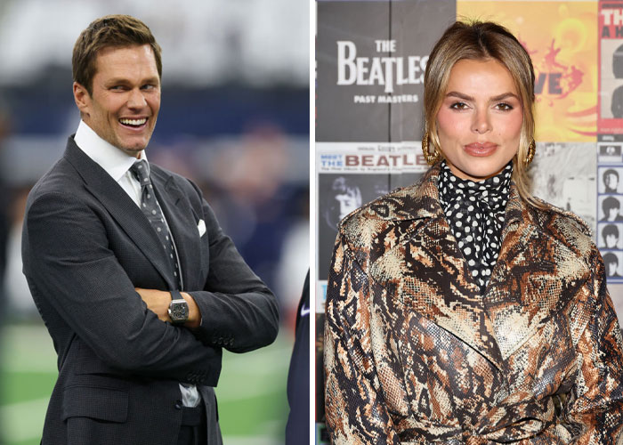 Side-by-side photos of Tom Brady, smiling in a suit on a football field, and a woman wearing a snakeskin jacket, posing in front of a Beatles-themed backdrop.