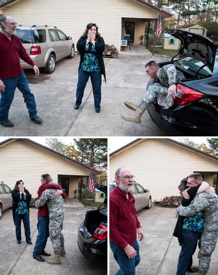 Family reunion featuring a soldier in uniform surprising loved ones, embodying wholesome Christmas moments.