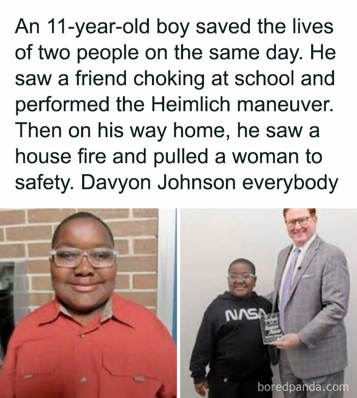 Young boy recognized for heroic acts, saving a friend with Heimlich and rescuing a woman from a fire. Wholesome kindness posts.