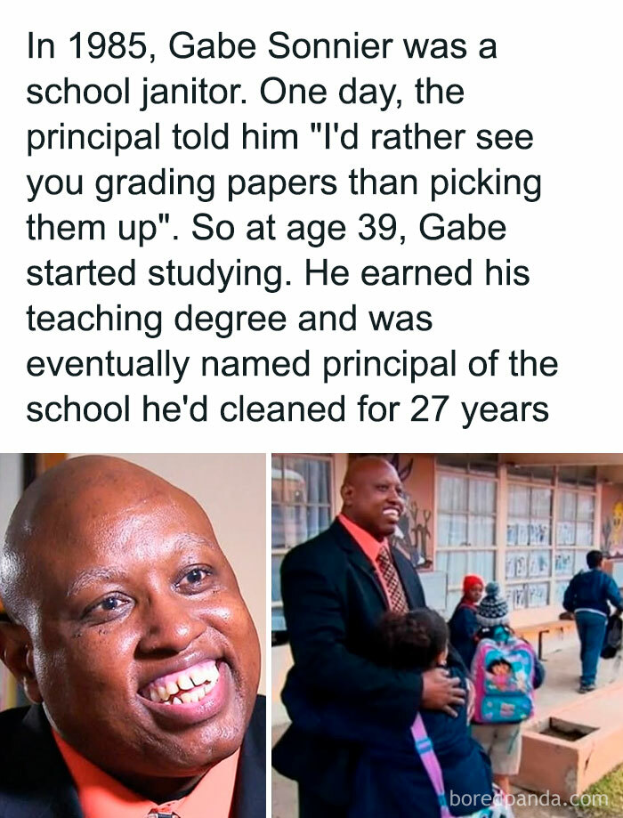 Smiling man embraces children at school, showcasing a story of wholesome kindness and personal achievement.