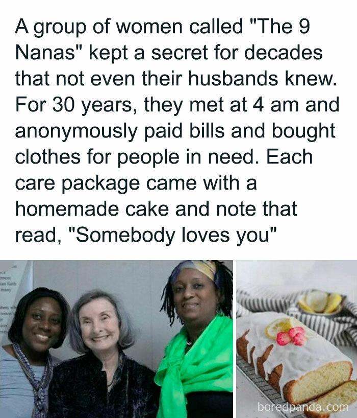 Three women smiling together, a loaf of lemon cake with icing, symbolizing wholesome kindness posts.