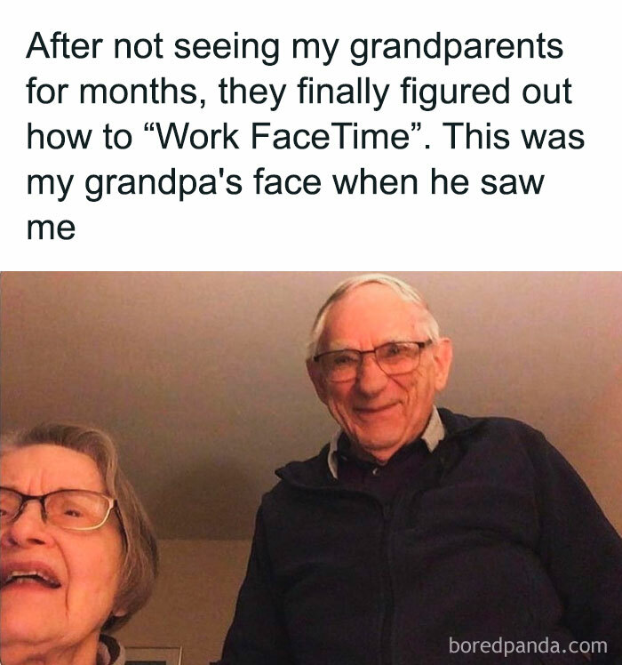 Elderly couple smiling during a video call, illustrating wholesome kindness.