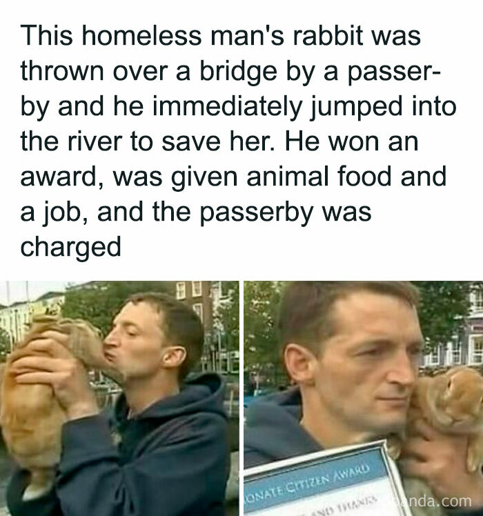 Man holding a rabbit, showcasing wholesome kindness after a rescue, with an award in hand.