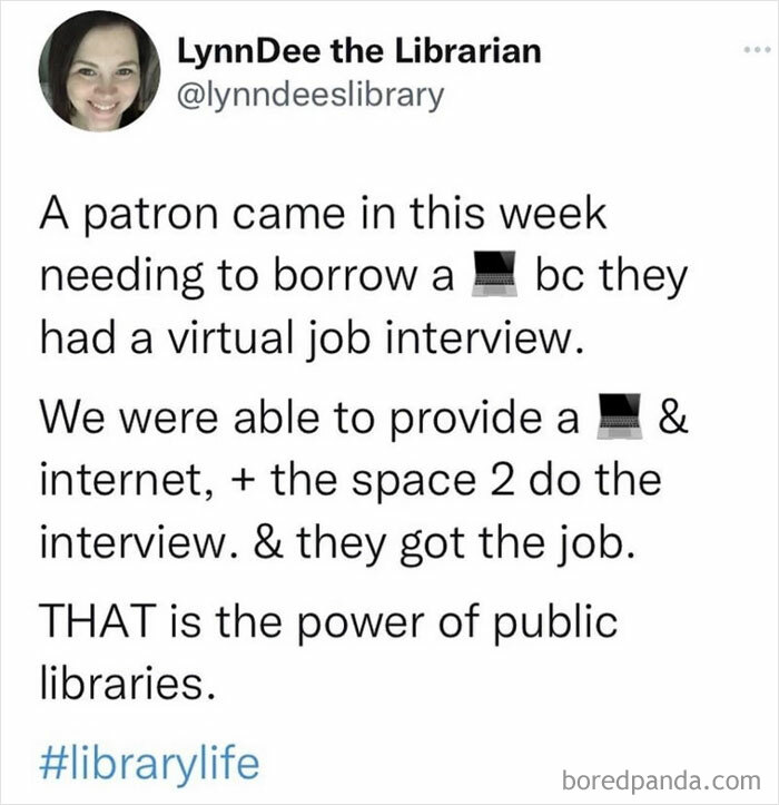 Wholesome tweet about a librarian helping a patron with a laptop and space for a virtual job interview.