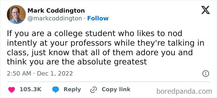 Wholesome tweet appreciating college students who nod during classes, expressing admiration from professors.