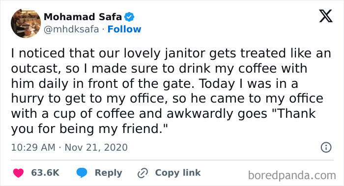 Tweet about sharing coffee with a janitor, highlighting friendship and kindness.