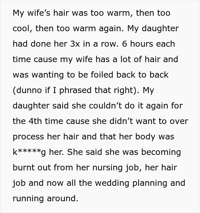 Text description of a wife's demanding hair issues impacting daughter's wedding and family tension.