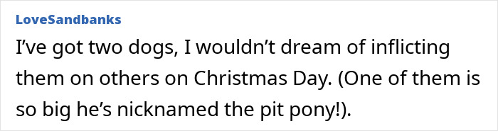 Text exchange about two dogs and Christmas, mentioning a large dog nicknamed the pit pony, related to uninvited dogs.