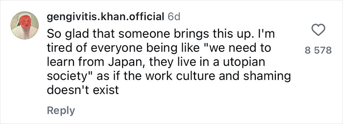 Comment on Japan's oppressive work culture myths, with user expressing frustration about utopian society perceptions.