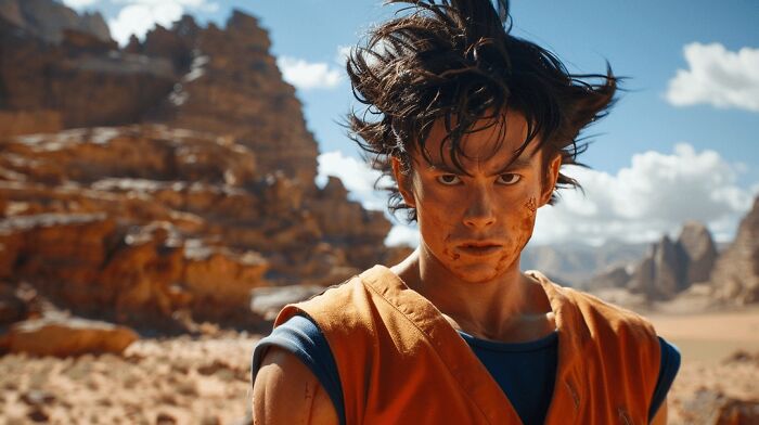 A person with disheveled hair and a serious expression stands in a desert landscape.