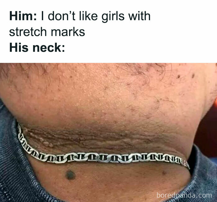 Close-up of a man's neck with wrinkles and a silver chain, caption humorously highlights irony, showcasing a funny fail.