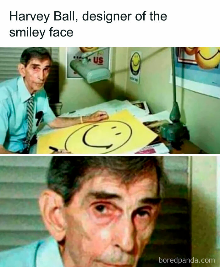 Elderly man sitting at a desk with a smiley face drawing, embodying comical fail moments.