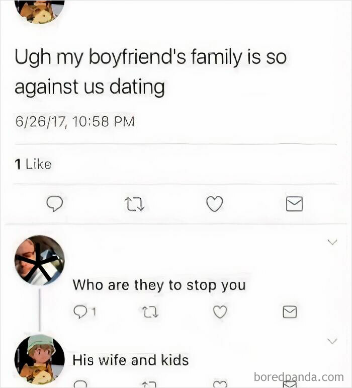 Funny text exchange: girlfriend laments boyfriend's family disapproval, reply reveals it's because of "his wife and kids." Worst-Funny-Fails.