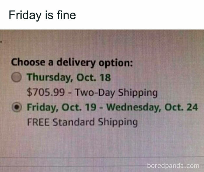 Funny fail showing costly two-day shipping vs. free standard shipping delivery options.