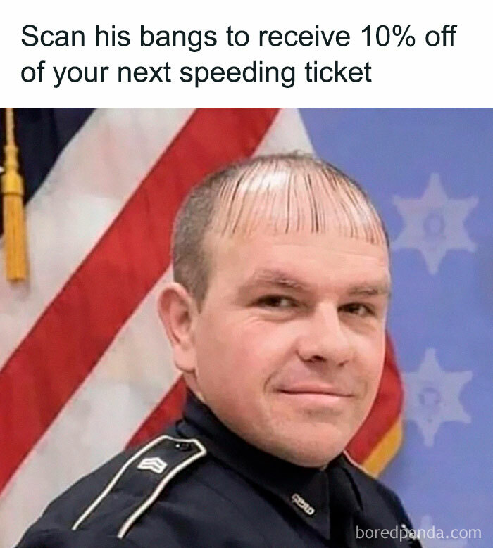 Police officer with funny haircut and a humorous caption about scanning bangs. Worst-Funny-Fails humor style.