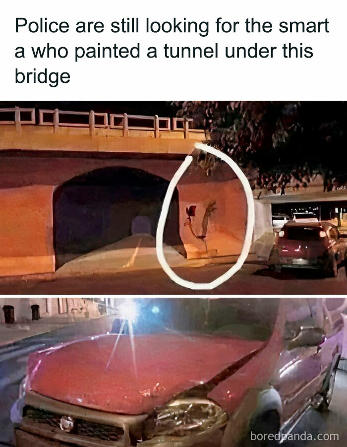 Car crash into a fake painted tunnel on a bridge, showcasing worst funny fails from Faillgram.