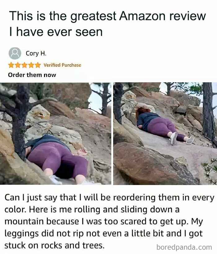 Funny fail showing person stuck on rocks during a mountain climb; humorously reviewing durable leggings.