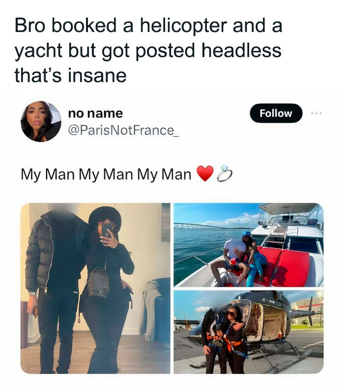 Couple's funny fail montage with yacht and helicopter, heads missing.