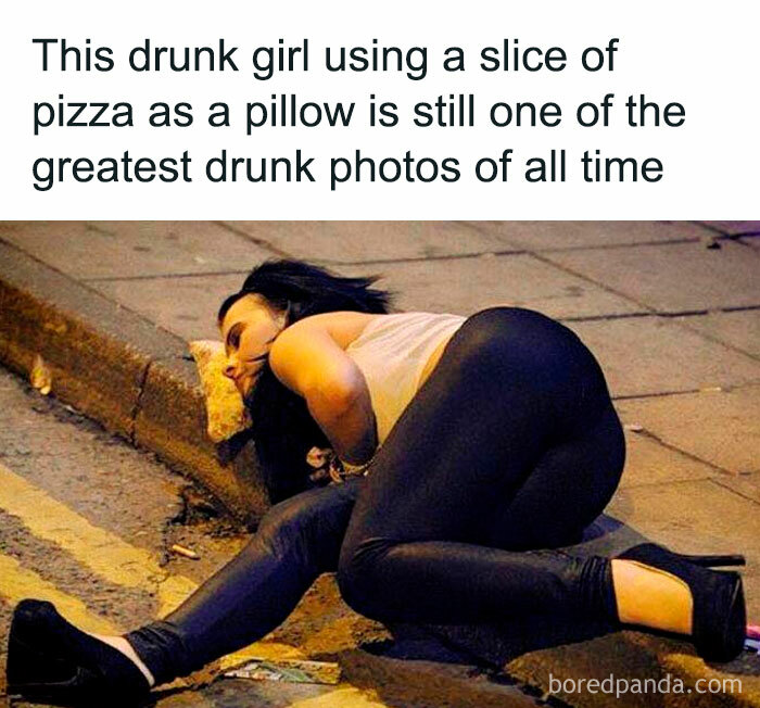 Woman uses a pizza slice as a pillow on the street, capturing a funniest fail moment.