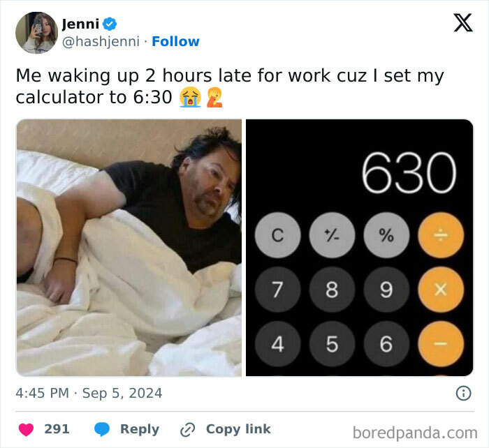 Man in bed next to a phone calculator showing 630, highlighting a funny fail.