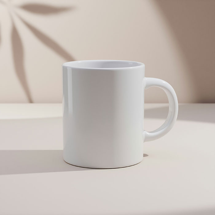 White mug on a beige background, symbolizing the worst luck with Secret Santa gifts.