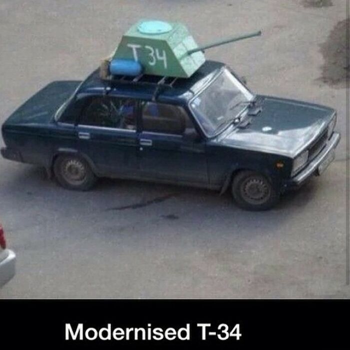 Car humorously modified to resemble a T-34 tank, illustrating a funny and accurate history meme.