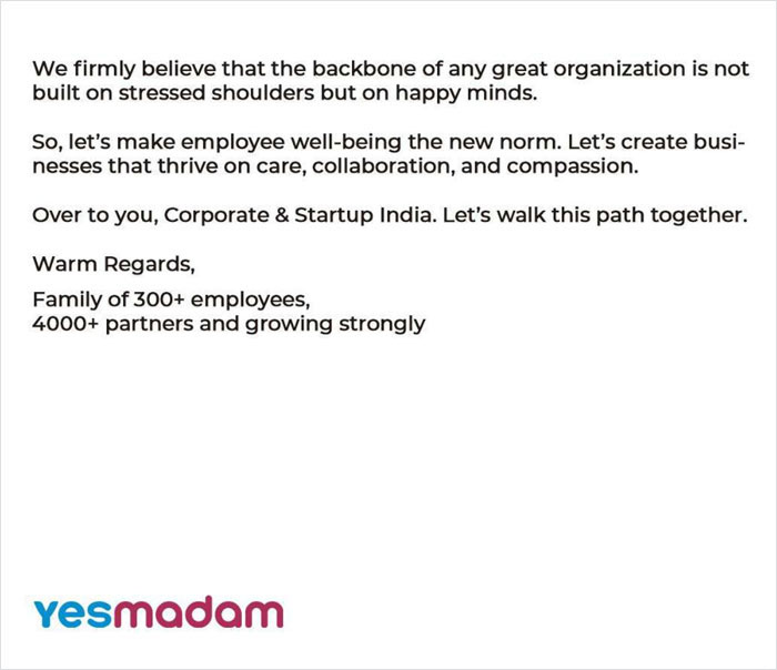 YesMadam statement on employee well-being and organizational support.