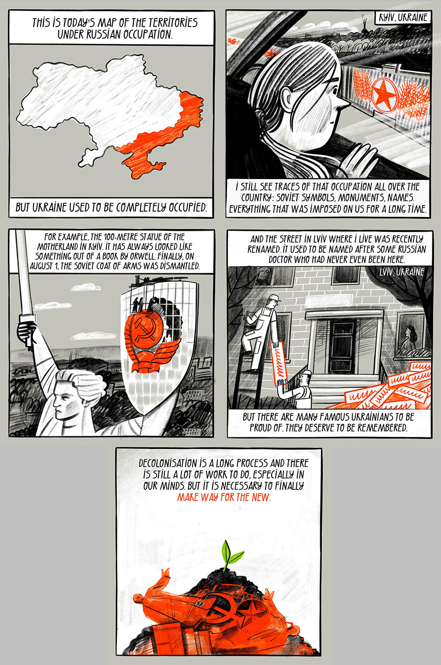 Ukrainian artist depicts war and daily life through comics, highlighting occupation and cultural change.