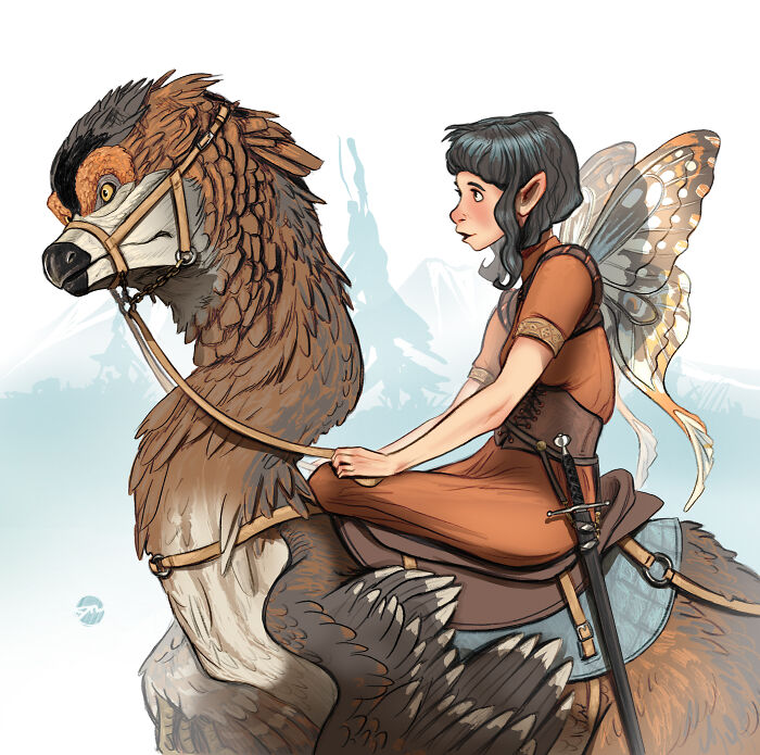 Fairy character riding a large feathered creature, featuring intricate wings and detailed textures.