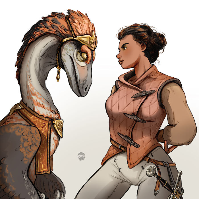 Illustrated character with a creature companion, both in detailed attire, standing face to face.