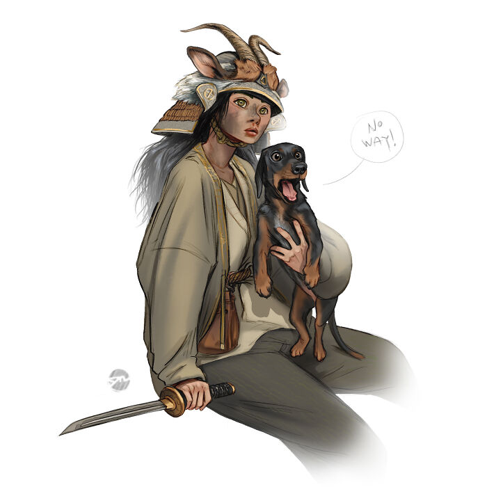 Illustration of a character with a goat helmet, holding a small dog companion and a sword.