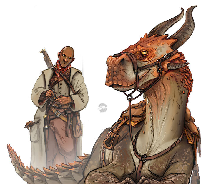 Illustrated character with a sword and their creature companion, a horned reptilian, in detailed fantasy art.