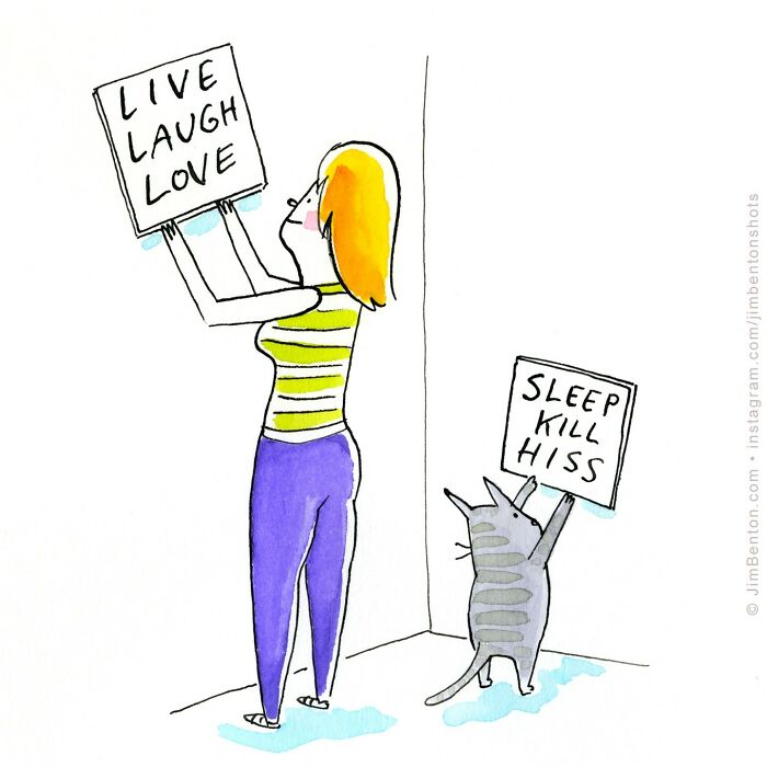 Veteran artist comic of a woman hanging a "Live Laugh Love" sign, while a cat holds "Sleep Kill Hiss" sign.