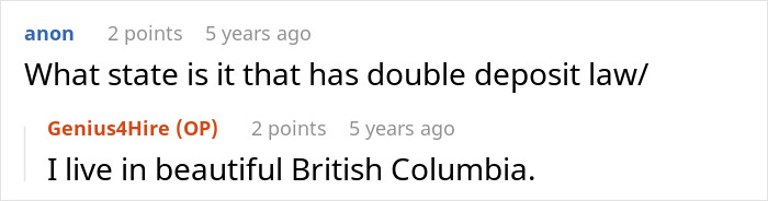 Comment exchange about deposit laws and living in British Columbia.