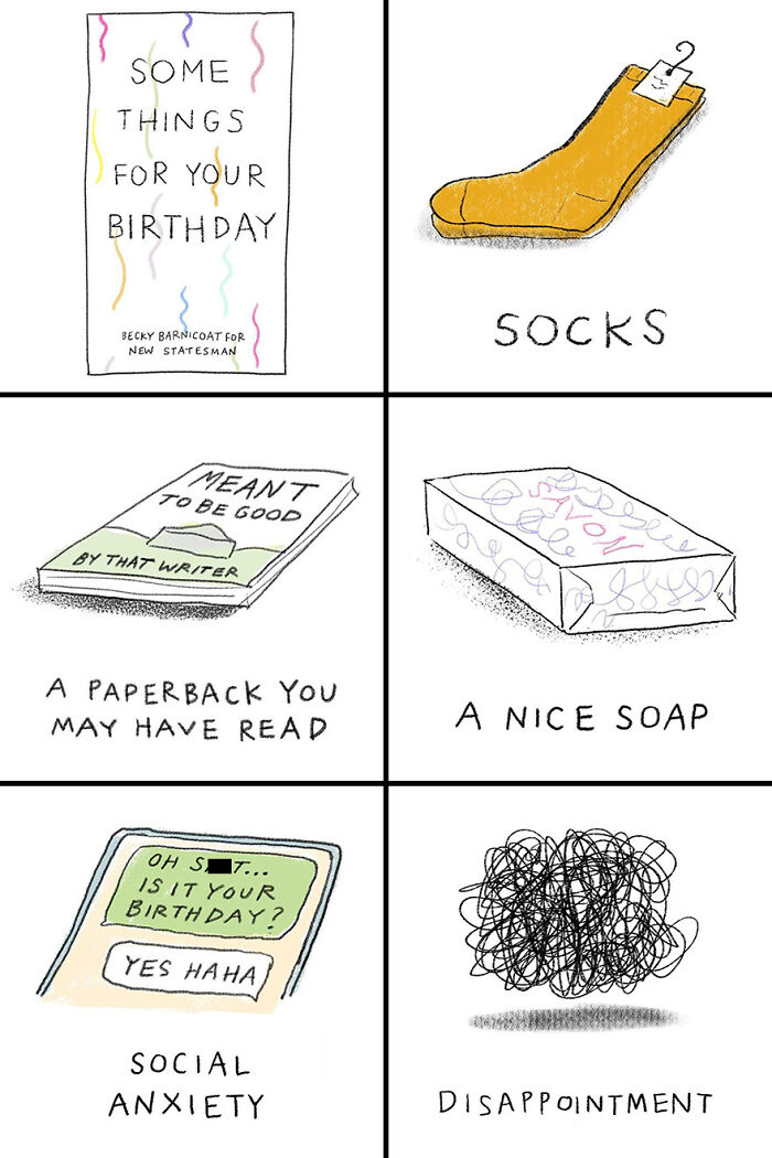 Relatable comic by Becky Barnicoat depicting funny and awkward birthday gift scenarios and social anxiety.