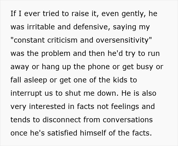 Text discussing challenges with neurodivergent husband, highlighting communication issues and emotional disconnects.