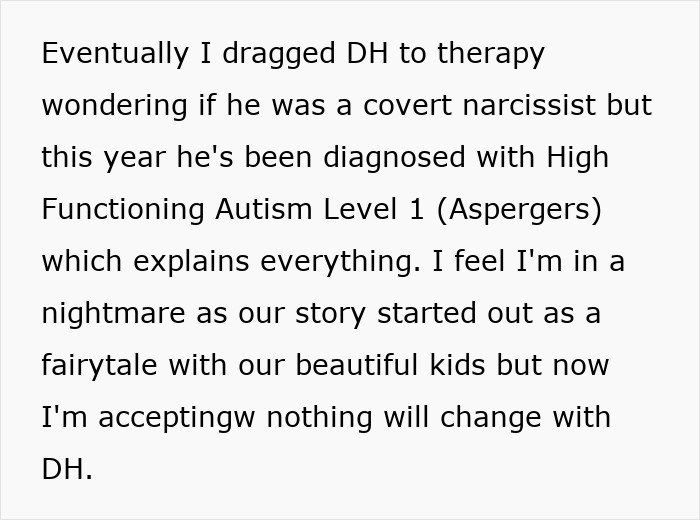 Text from wife about neurodivergent husband seeking therapy and facing challenges after autism diagnosis.