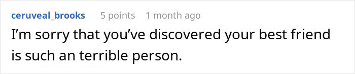 Text comment expressing support for a woman refusing involvement in a best friend’s wedding after an affair confession.