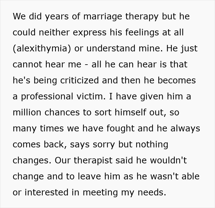 Text about challenges with neurodivergent husband's alexithymia in marriage therapy.