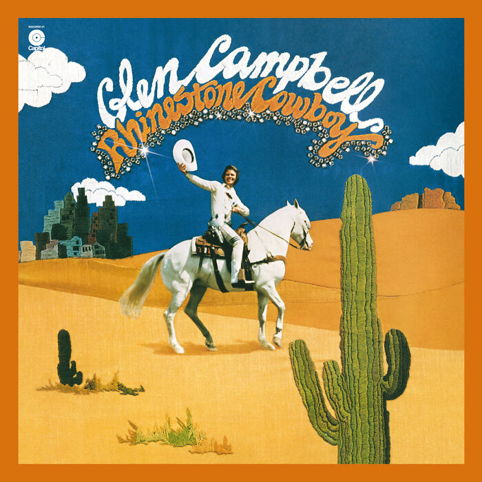 Album cover of "Rhinestone Cowboy" with Glen Campbell on a horse, highlighting classic '70s music hits.