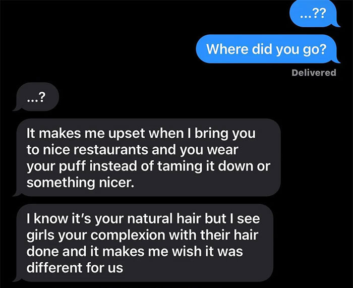 Text exchange about boyfriend's request for girlfriend to alter appearance, causing her to feel upset.